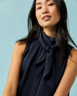 Sleeveless Tie-Neck Blouse In Navy Silk Crepe De Chine -ULLA JOHNSON SHOP M 23 NOV EDITORIAL PDP 4