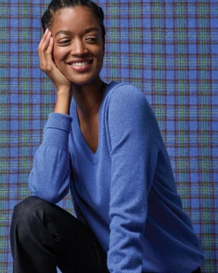 Cydney Boyfriend V-Neck Sweater In Bright Blue Cashmere -ULLA JOHNSON SHOP M HOLIDAY 23 CATALOG PDP 03 LEFT D1