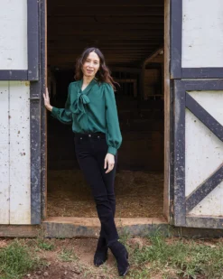 Helene Tie-Neck Blouse In Hunter Silk Crepe De Chine -ULLA JOHNSON SHOP M HOLIDAY 23 CATALOG PDP 36