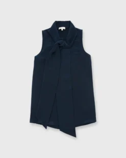 Sleeveless Tie-Neck Blouse In Navy Silk Crepe De Chine