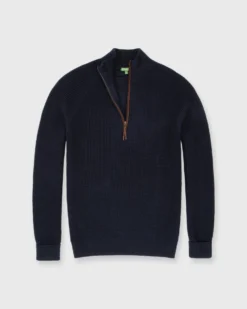 Half-Zip Thermal-Stitch Sweater In Navy Cotton/Cashmere