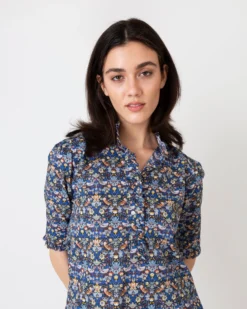 Elbow-Sleeve Frill Shirt In Blue/Gold Strawberry Thief Liberty Fabric -ULLA JOHNSON SHOP S61193 3