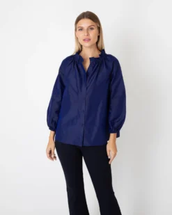 Button-Front Kamille Blouse In Navy Silk Shantung -ULLA JOHNSON SHOP S67264 6