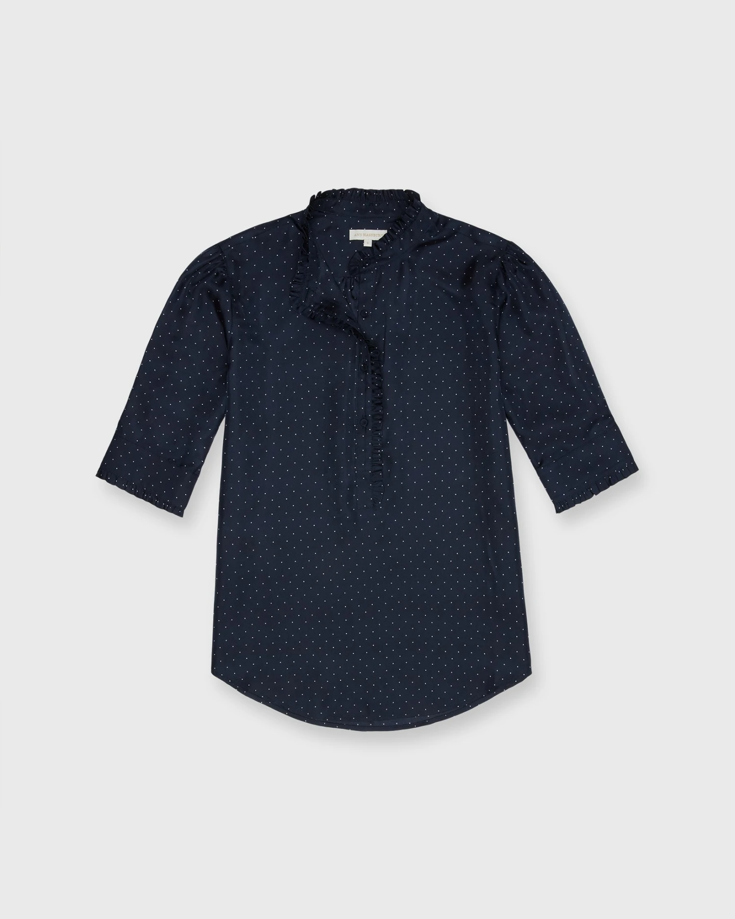 Elbow-Sleeve Frill Blouse In Navy/White Polka Dot Silk Twill 1 Elbow-Sleeve Frill Blouse In Navy/White Polka Dot Silk Twill