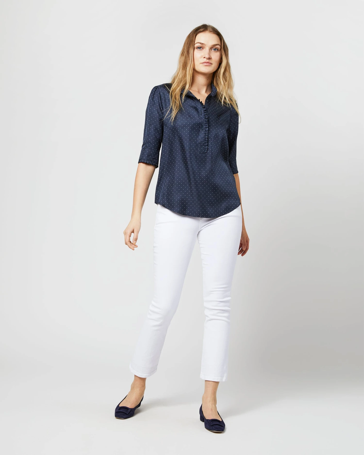 Elbow-Sleeve Frill Blouse In Navy/White Polka Dot Silk Twill 3 Elbow-Sleeve Frill Blouse In Navy/White Polka Dot Silk Twill - Image 3