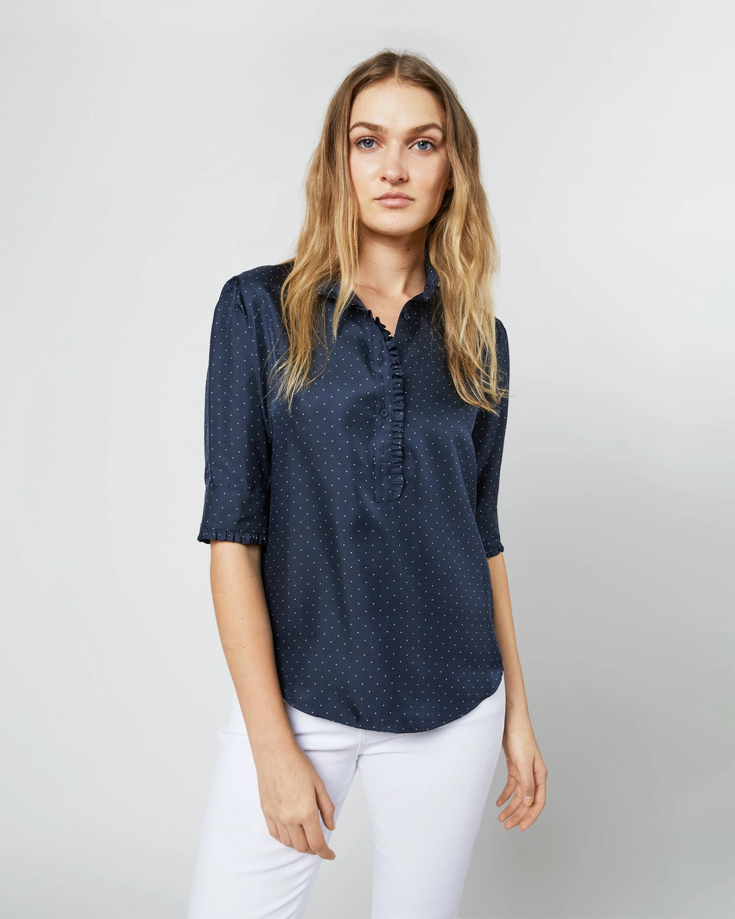 Elbow-Sleeve Frill Blouse In Navy/White Polka Dot Silk Twill 2 Elbow-Sleeve Frill Blouse In Navy/White Polka Dot Silk Twill - Image 2