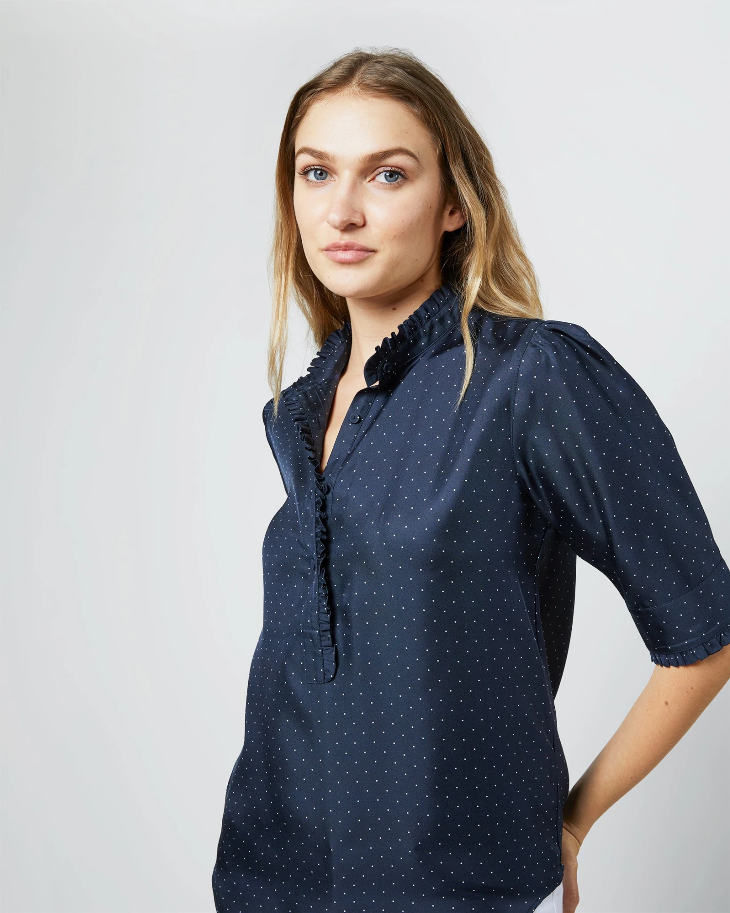 Elbow-Sleeve Frill Blouse In Navy/White Polka Dot Silk Twill 5 Elbow-Sleeve Frill Blouse In Navy/White Polka Dot Silk Twill - Image 5