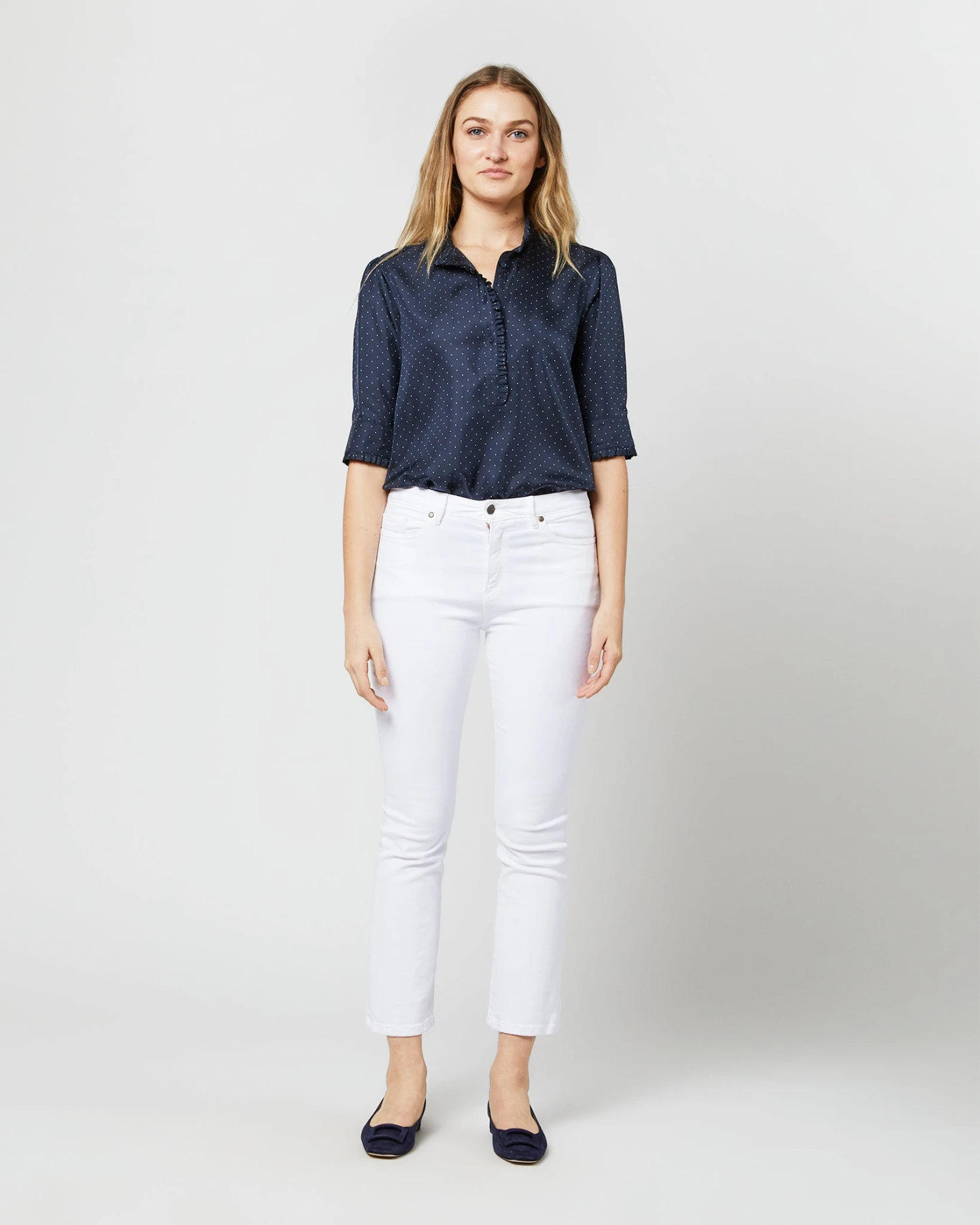 Elbow-Sleeve Frill Blouse In Navy/White Polka Dot Silk Twill 6 Elbow-Sleeve Frill Blouse In Navy/White Polka Dot Silk Twill - Image 6