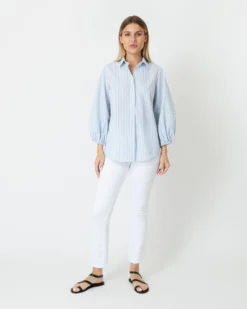 Isla Shirt In Steel Blue/White Stripe Chambray -ULLA JOHNSON SHOP S70935 2