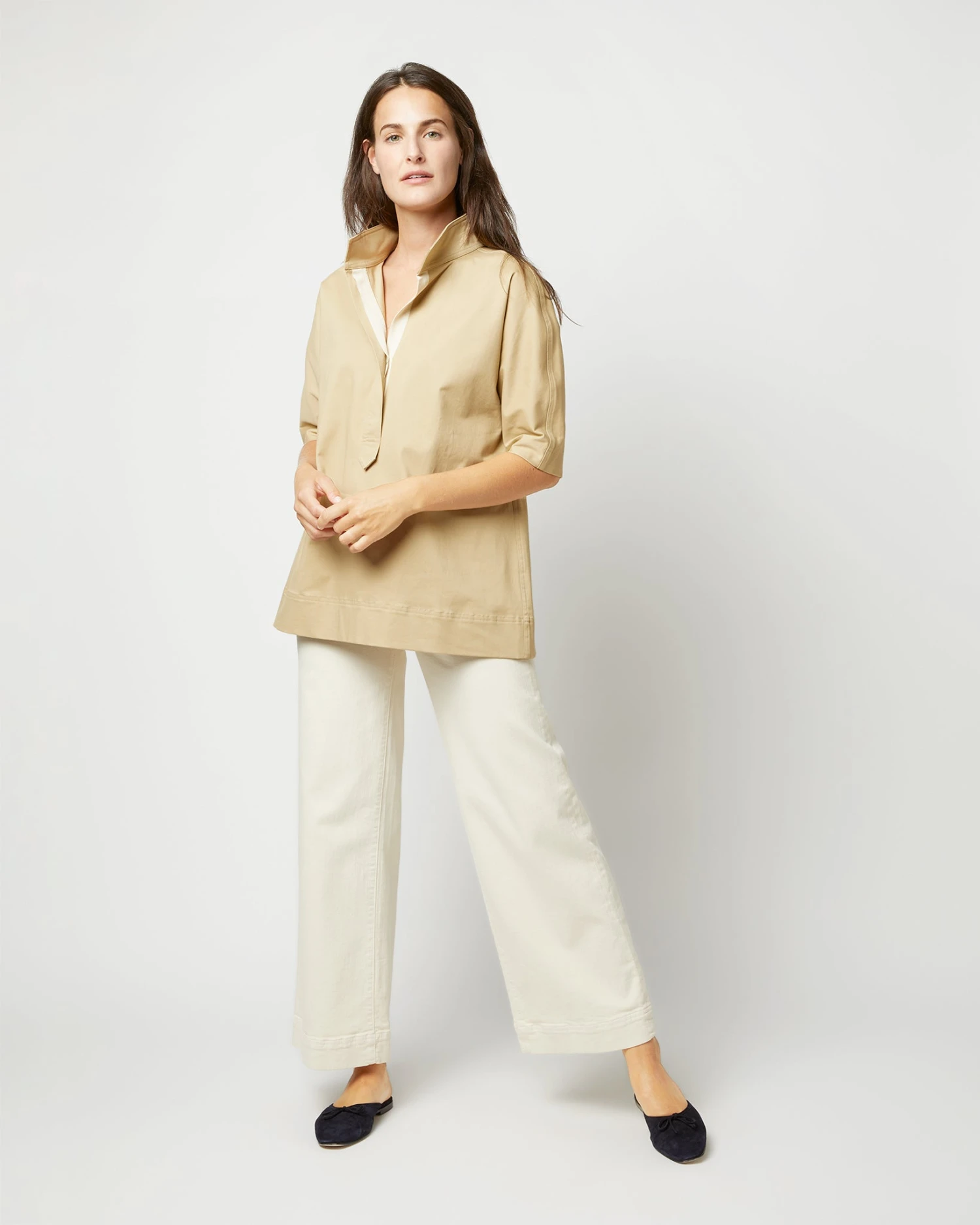 Soleil Shirt In Khaki Stretch Sateen 1 Soleil Shirt In Khaki Stretch Sateen