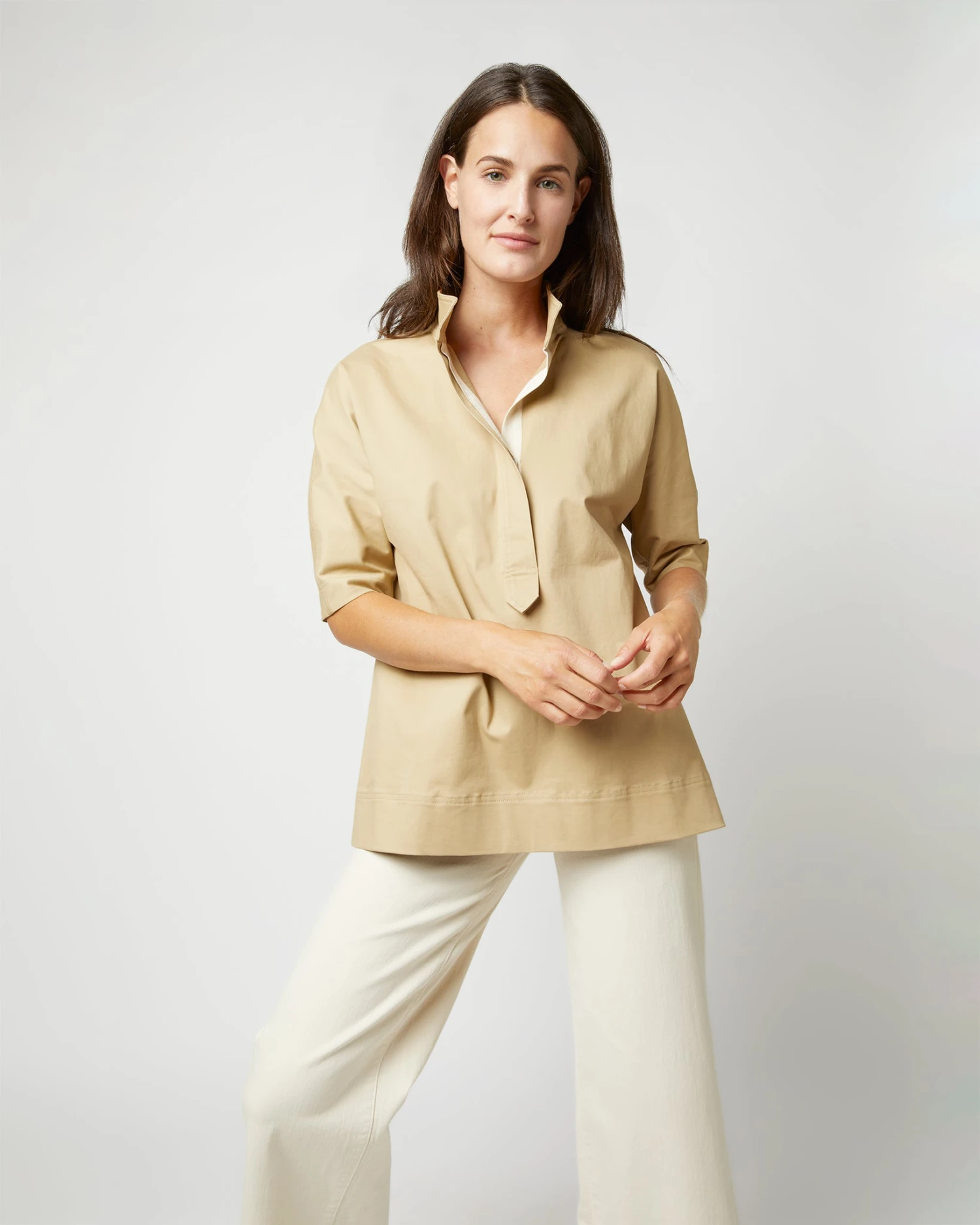 Soleil Shirt In Khaki Stretch Sateen 2 Soleil Shirt In Khaki Stretch Sateen - Image 2