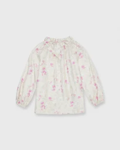 Button-Front Kamille Blouse In Khaki/Pink Butterflies Silk Twill