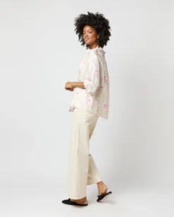 Button-Front Kamille Blouse In Khaki/Pink Butterflies Silk Twill -ULLA JOHNSON SHOP S71366 2599