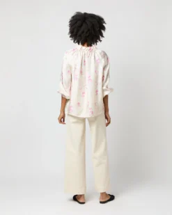 Button-Front Kamille Blouse In Khaki/Pink Butterflies Silk Twill -ULLA JOHNSON SHOP S71366 2602