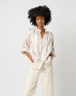 Button-Front Kamille Blouse In Khaki/Pink Butterflies Silk Twill -ULLA JOHNSON SHOP S71366 2628