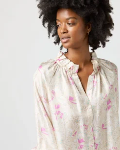 Button-Front Kamille Blouse In Khaki/Pink Butterflies Silk Twill -ULLA JOHNSON SHOP S71366 2651