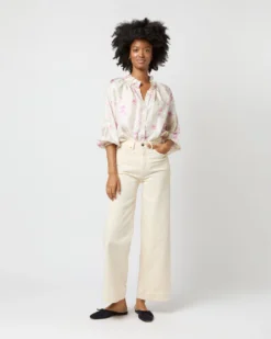 Button-Front Kamille Blouse In Khaki/Pink Butterflies Silk Twill -ULLA JOHNSON SHOP S71366 2668