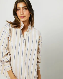 Anaya Popover Shirt In Taupe/White Multi Stripe Poplin -ULLA JOHNSON SHOP S71371 2155