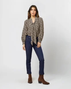 Helene Tie-Neck Blouse In Camel/Black Painterly Leopard Crepe De Chine