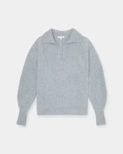 Blaire Johnny-Collar Shaker Sweater In Heather Grey Cashmere