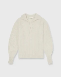 Blaire Johnny-Collar Shaker Sweater In Wheat Cashmere