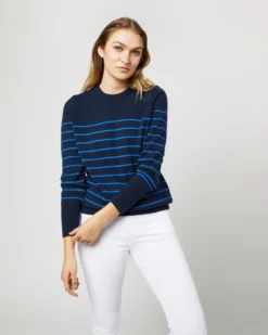 Cydney Boyfriend Crewneck Sweater In Navy/Blue Stripe Cashmere