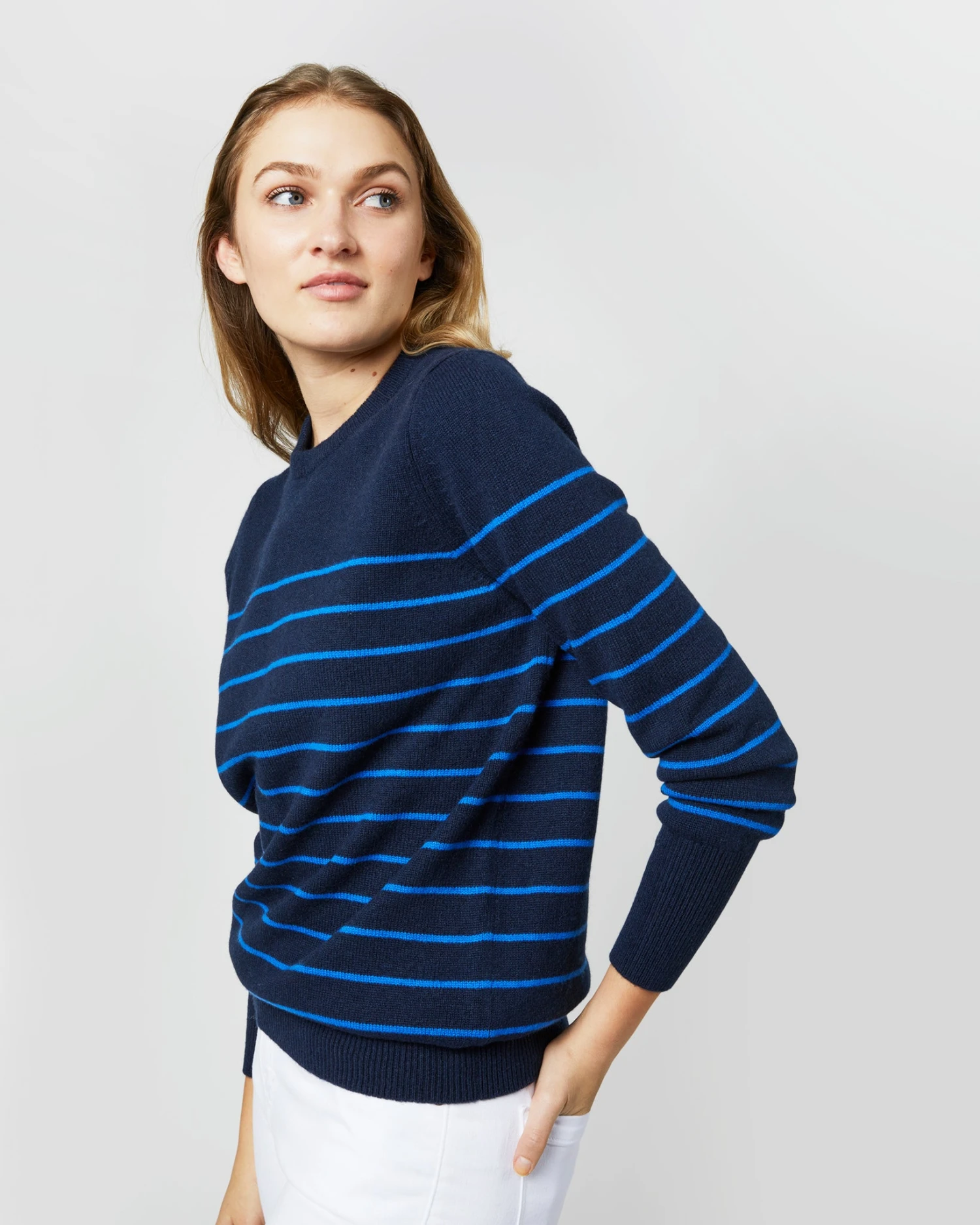 Cydney Boyfriend Crewneck Sweater In Navy/Blue Stripe Cashmere 2 Cydney Boyfriend Crewneck Sweater In Navy/Blue Stripe Cashmere - Image 2