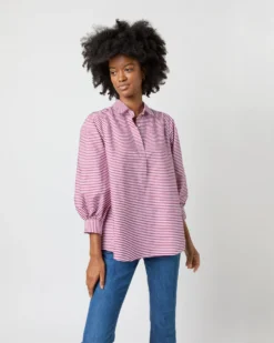 Geraldine Popover Shirt In Red Horizontal Bengal Stripe Poplin -ULLA JOHNSON SHOP S71621 2473