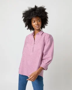 Geraldine Popover Shirt In Red Horizontal Bengal Stripe Poplin -ULLA JOHNSON SHOP S71621 2506