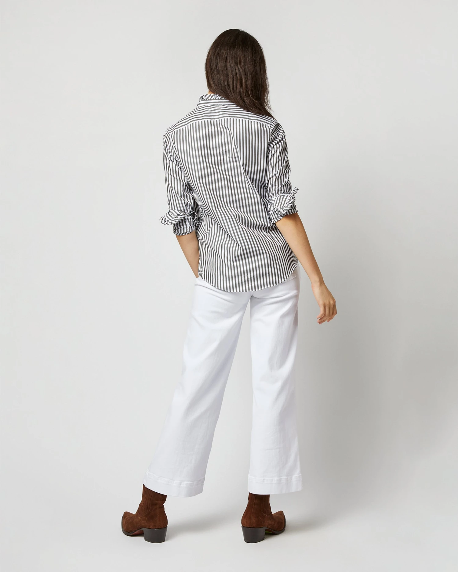 Frill Shirt In Dark Olive Awning Stripe Cotton 7 Frill Shirt In Dark Olive Awning Stripe Cotton - Image 7