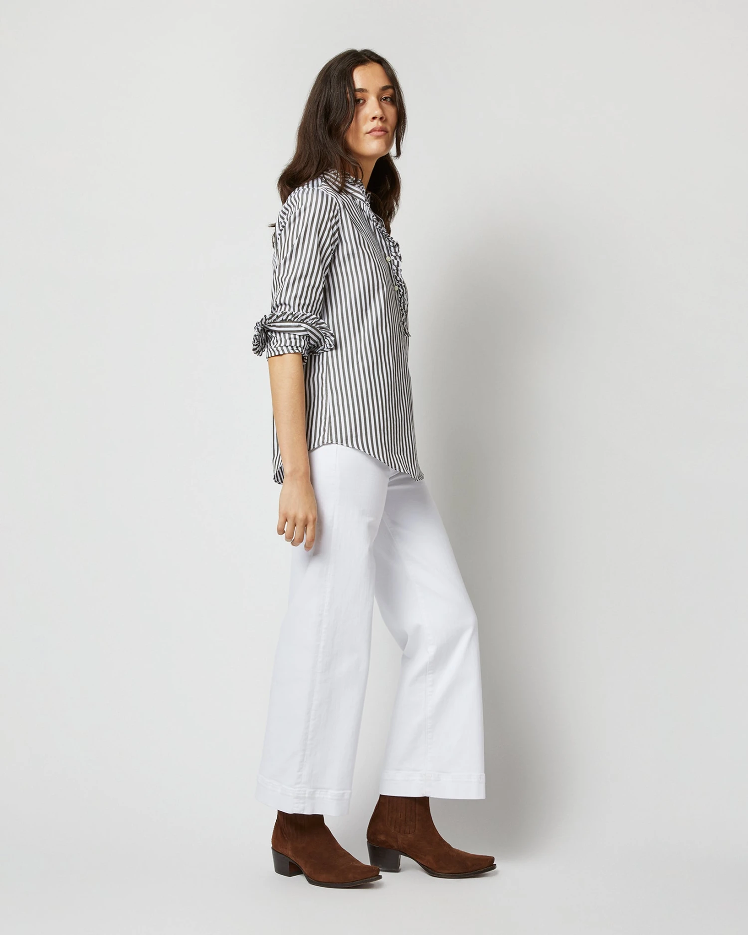 Frill Shirt In Dark Olive Awning Stripe Cotton 6 Frill Shirt In Dark Olive Awning Stripe Cotton - Image 6