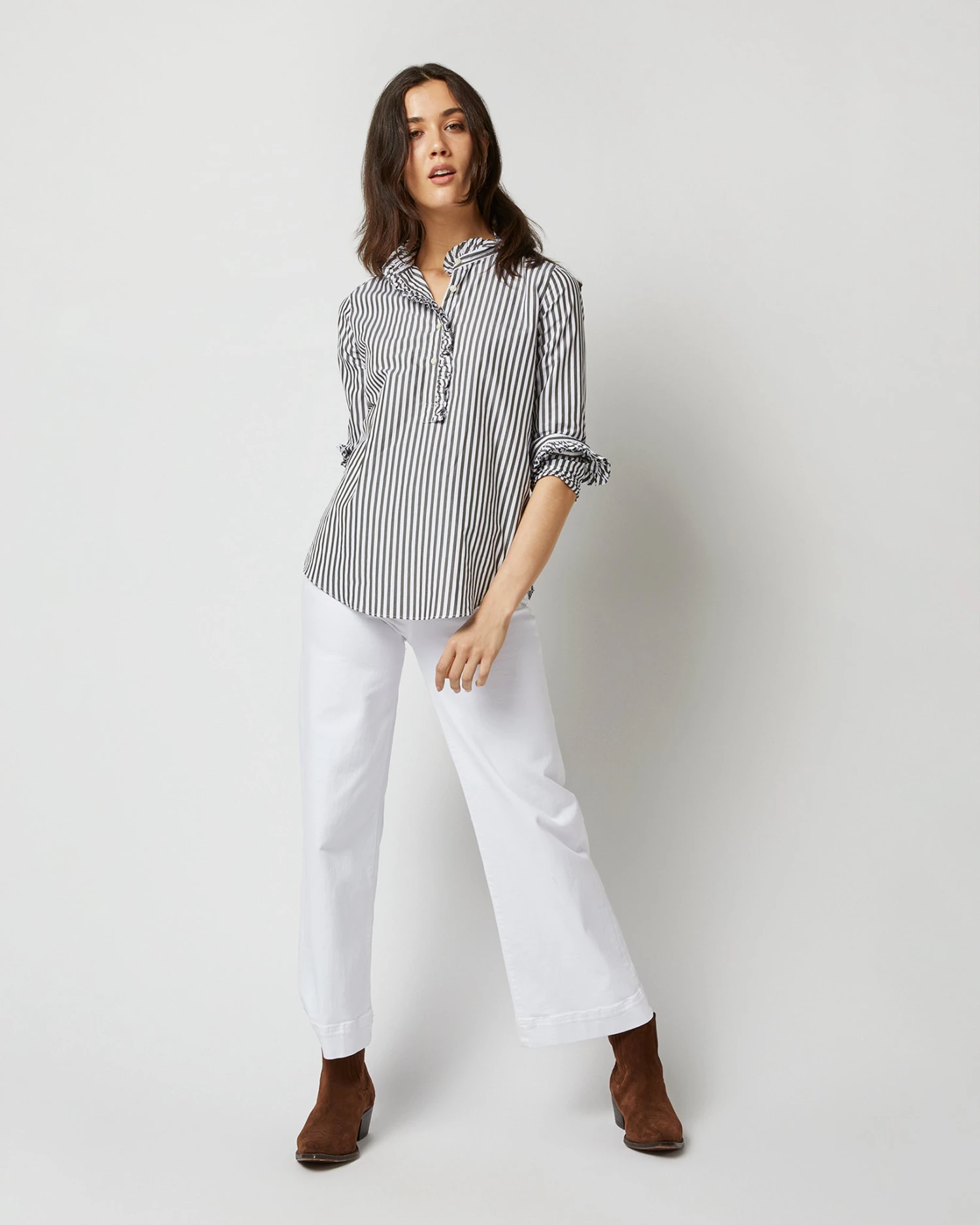Frill Shirt In Dark Olive Awning Stripe Cotton 1 Frill Shirt In Dark Olive Awning Stripe Cotton
