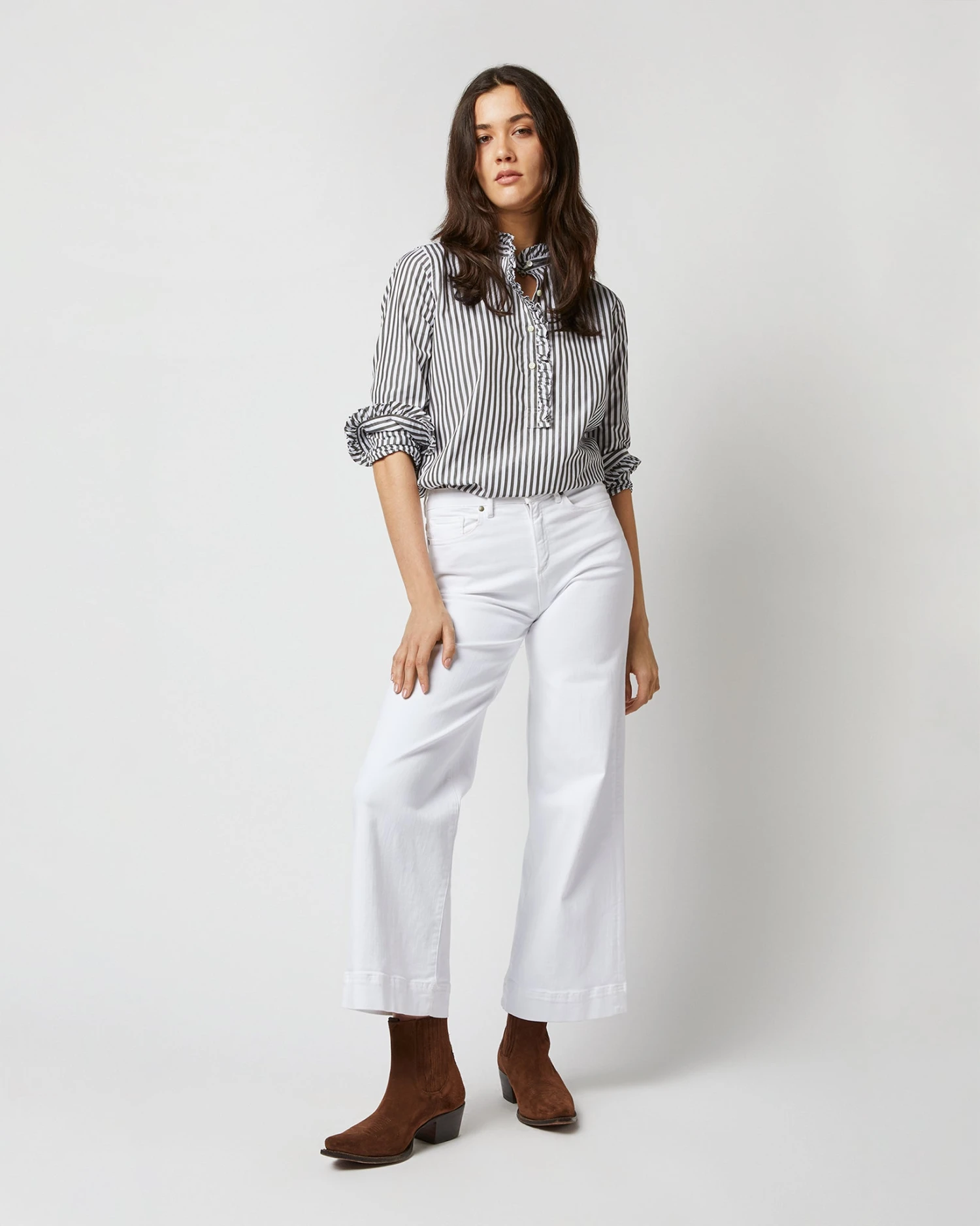 Frill Shirt In Dark Olive Awning Stripe Cotton 4 Frill Shirt In Dark Olive Awning Stripe Cotton - Image 4