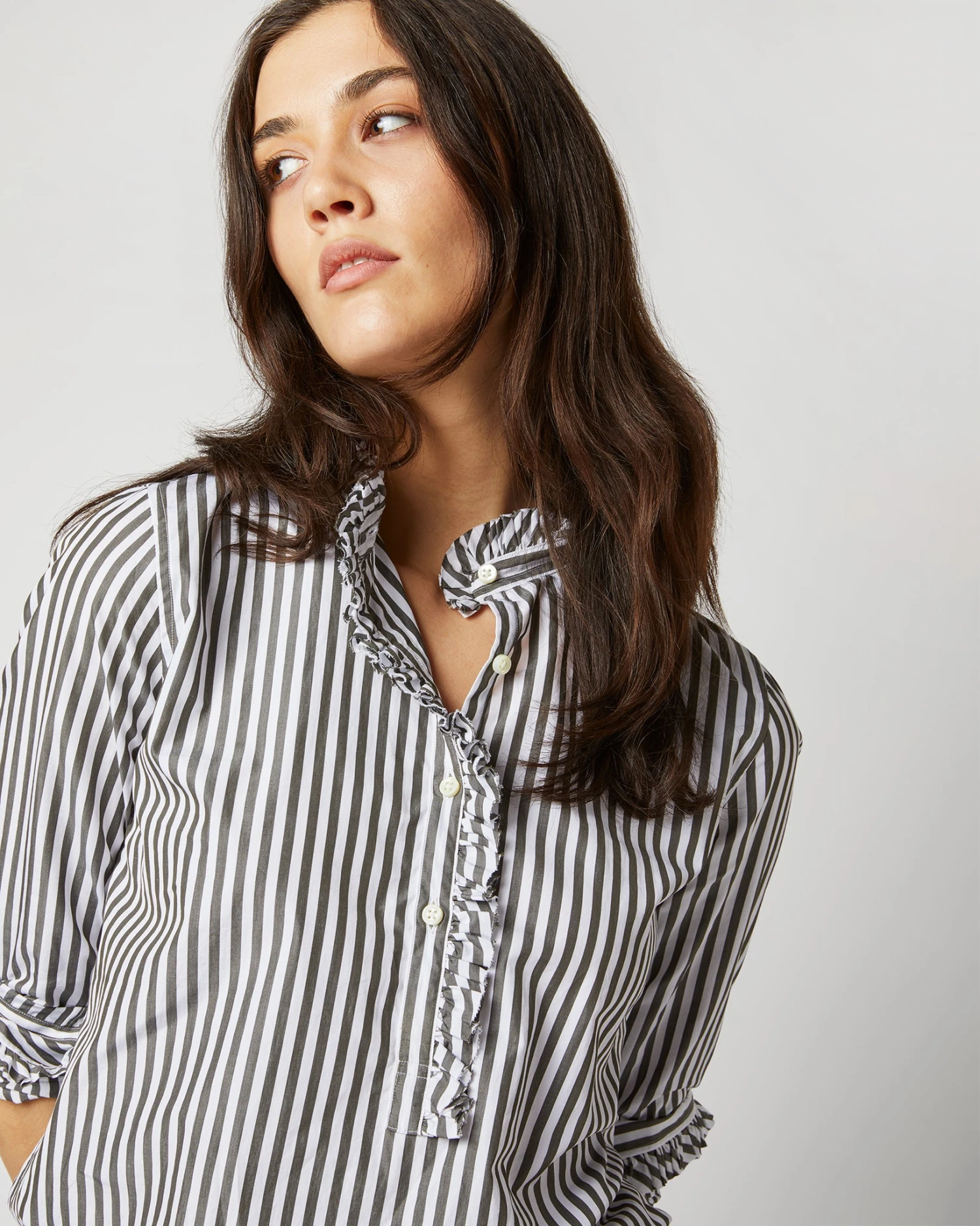 Frill Shirt In Dark Olive Awning Stripe Cotton 2 Frill Shirt In Dark Olive Awning Stripe Cotton - Image 2
