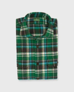Band-Hem Work Shirt In Green/Brown/Sky Plaid Twill