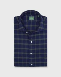 Spread Collar Sport Shirt In Navy/Olive Plaid Flannel