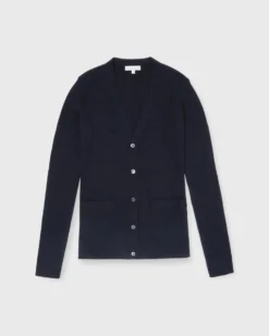 Nia Long-Sleeved Ribbed Cardigan In Navy Cotton/Silk