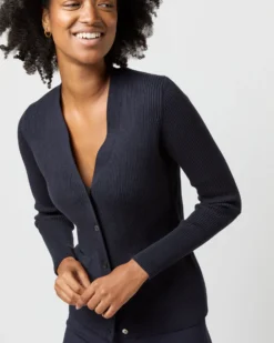 Nia Long-Sleeved Ribbed Cardigan In Navy Cotton/Silk -ULLA JOHNSON SHOP S71894 1923