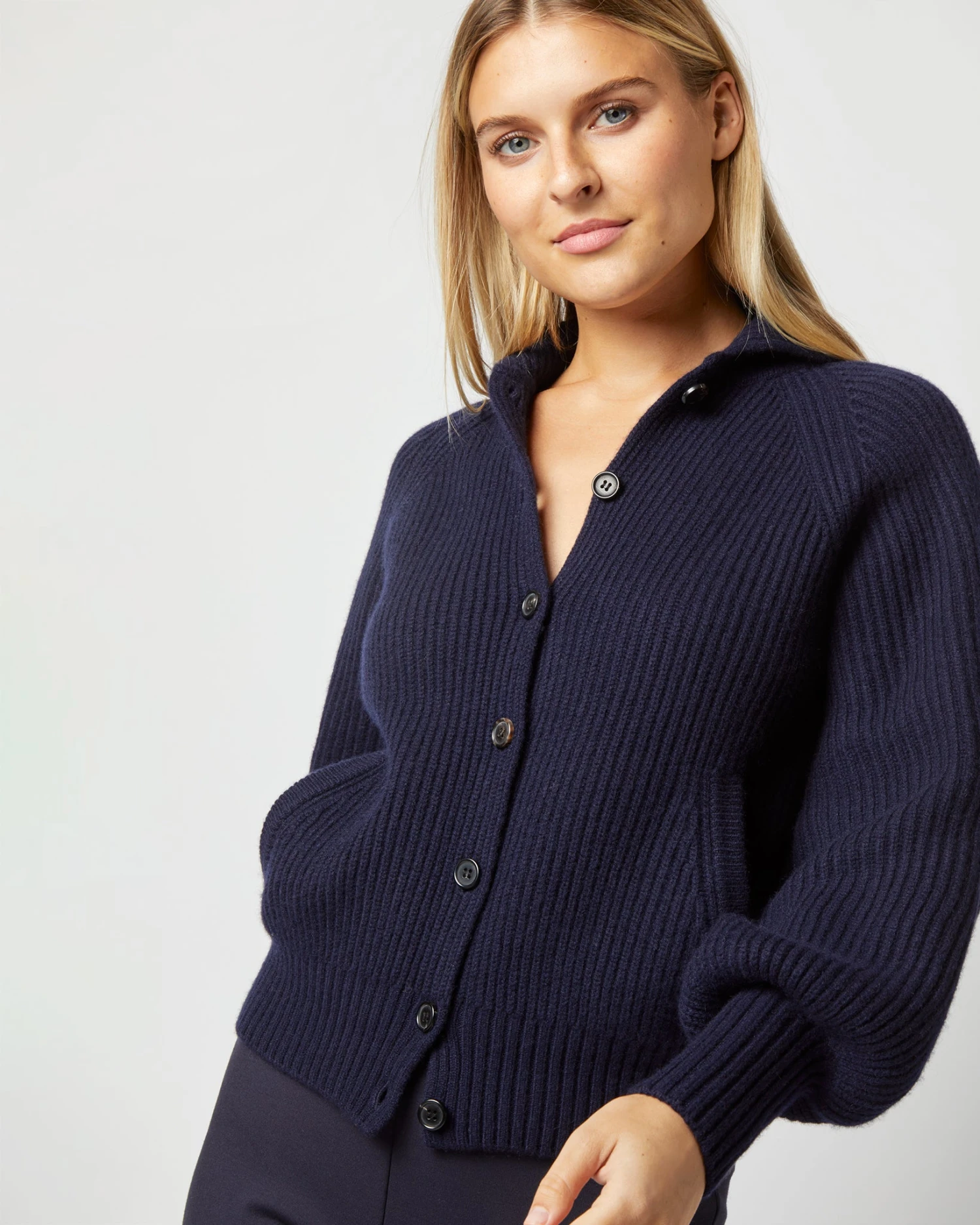 Alya Funnel-Neck Cardigan In Navy Cashmere 2 Alya Funnel-Neck Cardigan In Navy Cashmere - Image 2