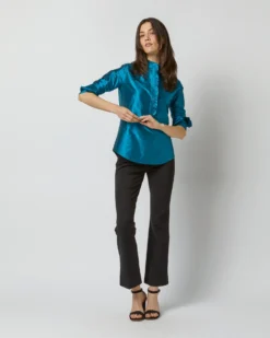 Frill Shirt In Atlantic Blue Silk Shantung