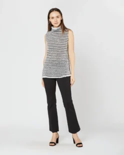 Sleeveless Ana Fringe Top In Ivory/Black Filagree Flower Wool