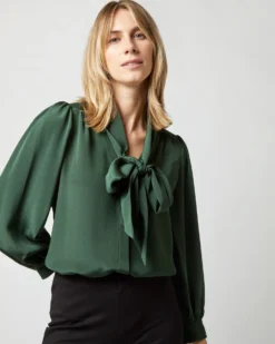 Helene Tie-Neck Blouse In Hunter Silk Crepe De Chine -ULLA JOHNSON SHOP S72254 1152